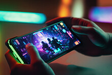 Close-up Of Pro Gamer Hands Plays A Cyber Sport Game On His Smartphone In The Dark Room With Neon Lights. Professional Mobile Gaming Concept As Part Of Esports. Generative AI