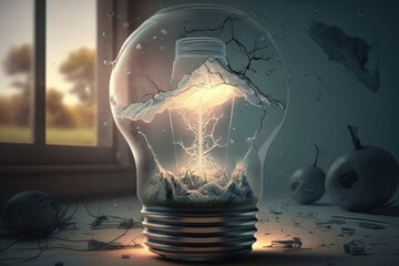 Canvas Print - Glass lightbulb with a burning lightning inside