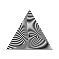 Wall Mural - 3d distorted wavy optical illusion triangle spiral logo. Black and white triangular op art vector.