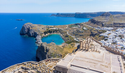 Wall Mural - The Acropolis of Lindos in Rhodes island Greece. Saint Paul's Beach and Lindos Acropolis aerial panoramic view.