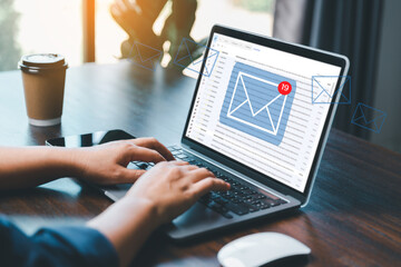 email marketing concept, receive new message, message online chat social text, female hand working with virtual postal envelopes sketch on blurred office background, customer support hotline people.