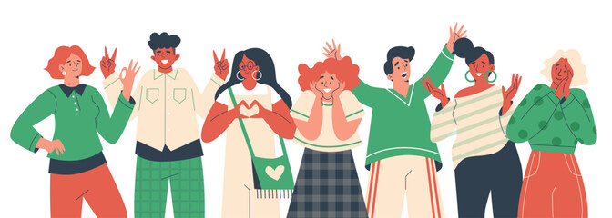 Group of people with different positive emotions flat style, vector illustration