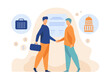 © SurfupVector - Public and private sectors partnership vector illustration. Male characters shaking hands, agreeing on long term contract. Participation of private sector, business, finance concept Generative AI