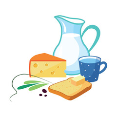 Sticker - Milk Jug, Cheese and Bread Slice with Butter Slab as Tasty Breakfast or Brunch with Typical Food Vector Illustration