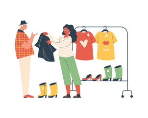 Wall Mural - Man buying second hand clothes at flea market, flat vector illustration isolated on white background.