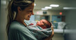 © annebel146 - Happy mother and newborn baby in hospital bed. Child birth in maternity hospital. Young mom hugging her newborn baby after delivery. Woman giving birth. First moments of baby