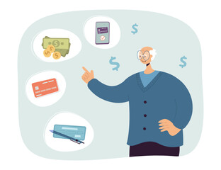 Poster - Elderly man with different payment options vector illustration. Cartoon drawing of senior person with symbols of phone, cash, credit card, check. Finances, shopping, payment, senior life Generative AI