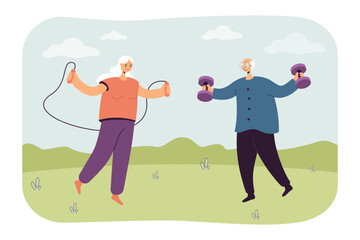 Canvas Print - Elderly couple with skipping rope and dumbbells outside. Active senior man and woman exercising in nature together vector illustration. Healthy lifestyle, recreation, sports, retirement Generative AI