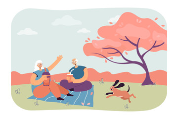 Wall Mural - Happy senior couple having picnic near cherry blossom tree. Dog running around elderly man and woman drinking bubble tea outside vector illustration. Nature, leisure, retirement, senior Generative AI