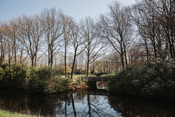 Beautiful park next to a castle in Northern Germany. Green plant next to a castle. Travel in Germany