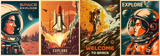 Wall Mural - space explore set flyers colorful generative ai