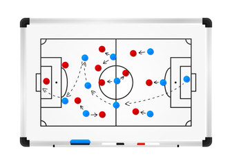 Soccer field. Soccer strategy field, football game tactic drawing on chalkboard. Hand drawn soccer game scheme. Vector illustration. Generative AI