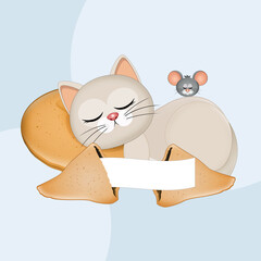 Poster - funny illustration of cat with fortune cookie