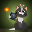 funny illustration of cat plays with bomb