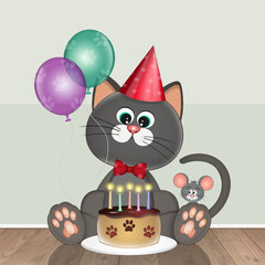 Wall Mural - illustration of cat celebrating birthday