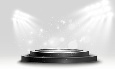 Wall Mural - podium, pedestal or platform, illuminated by spotlights in the background. vector illustration. brig