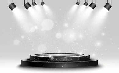 Wall Mural - podium, pedestal or platform, illuminated by spotlights in the background. vector illustration. brig
