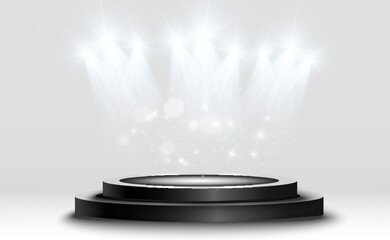 Wall Mural - podium, pedestal or platform, illuminated by spotlights in the background. vector illustration. brig