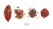 Creative Layout Made Of Cacao Fruit, Cacao Beans, Cacao Nibs And Powder On White Background. Flat Lay. Food Concept. Macro  Concept.