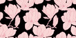 Magnolia flowers in bloom seamless pattern. Hand drawn realistic detailed vector illustration. Pink on black horizontal background.