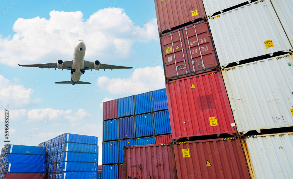 Cargo airplane flying above logistic container. Air logistic. Cargo and shipping business. Container ship for import and export logistic. Logistic industry. Container at harbor. Merchandise export.