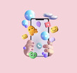 Innovative 3D concept for a virtual social networking platform. Mobile phone with volumetric icons, emojis, comments, hearts, thumbs-up. Concept communication applications. Vector Generative AI