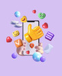Innovative 3D concept for a virtual social networking platform. Mobile phone with volumetric icons, emojis, comments, hearts, thumbs-up. Concept communication applications. Vector Generative AI