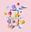 Innovative 3D concept for a virtual social networking platform. A hand grasps a smartphone displaying various interactive icons, emojis, comments, hearts, thumbs up.Concept communication Generative AI