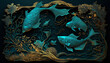 Mandelbulb fractal style FISH dark cyan paper with intricate designs, a Mandelbulb fractal design, full of golden layers