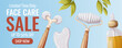 © Coxic25 - Face care sale promotion banner. Gua sha scraper, rollers and oil serum on a summer background. Concept of health, beauty. Trendy vector illustration. For poster, advertising, special offer, website.