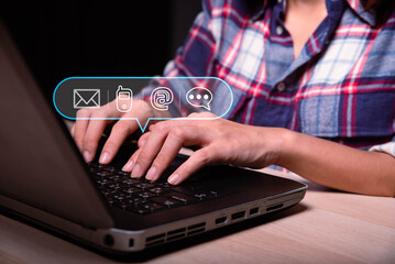 Aufkleber - woman using computer keyboard with the email, call phone, address, Chat message icons, Customer support hotline Contact us people connection