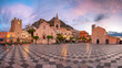 Taormina, Sicily, Italy. Panoramic cityscape image of picturesque town of Taormina, Sicily with main square Piazza IX Aprile and San Giuseppe church at sunrise.