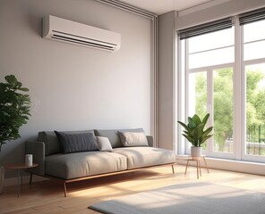 Wall Mural - Air conditioner with temperature display above sofa in living room created with Generative AI technology
