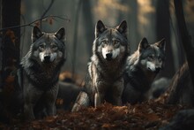Grey Timber Wolves With Alpha In Forest. Beware These Dangerous Predators. 3D Rendering. Generative AI