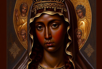 dark-skinned black-skinned brown-skinned mother of god in Byzantine painting style, generative AI