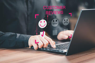 Poster - Customer service experience and business satisfaction survey. Man hand using a computer laptop with pop up smiley face icon for assessment feedback review satisfaction opinion and testimonial.