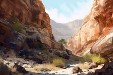 Generative Painting Of A Desert Canyon Dry Wash, Immersed In Nature's Stone And Rock Landscapes Of Arizona, California, And New Mexico. Generative AI
