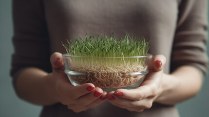 a woman is holding a glass bowl with green plants. Generative AI