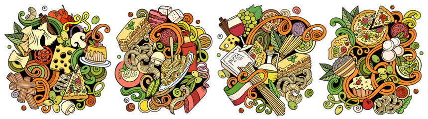 Wall Mural - Italian food cartoon vector doodle designs set.