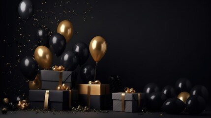 Celebration black background with black and gold balloons, gifts and confetti. Place for text, empty space. AI generation