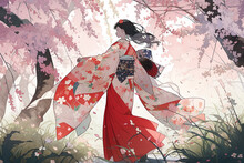 Generative Ai. Geisha In Blooming Sakura Garden Anime Illustration.