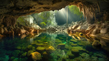 Breathtaking Underground Cave With Lake. Generative AI