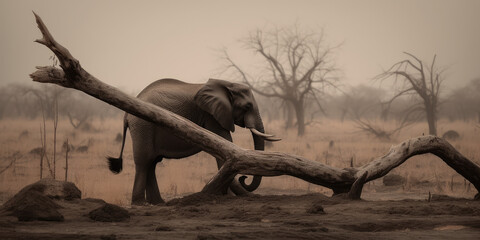 Wall Mural - Elephant sitting on thin branch of withered tree