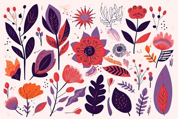 Illustration of colored beautiful flowers and leaves. Floral summer print. Generative AI