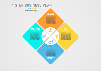 Modern infographic template simple four steps business plan bright multicolored square with white letter icon centered on white background, clean gray gradient background