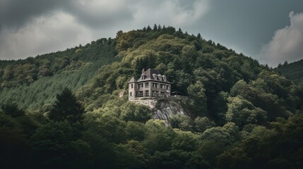 A Glimpse of Ancient History: An Old House Nestled Under the Forest of Trees on a Hill. Generative AI