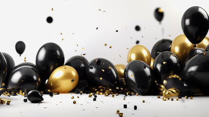 Celebration white background with black, gold balloons, gifts and confetti. AI generated	
