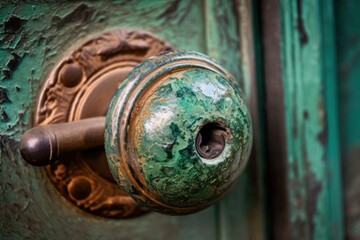 Poster - A close up of a door handle on a green door. AI generative image.