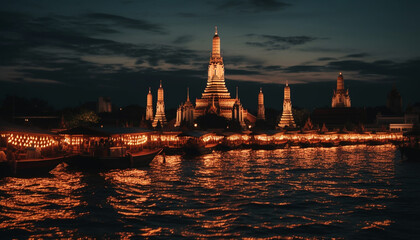 Wall Mural - Buddhist pagoda illuminated at dusk, majestic spirituality generated by AI