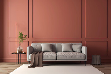 Wall Mural - Modern cozy living room with monochrome terracotta wall. Contemporary interior design with trendy earth tones wall color, brown sofa, plant for mockups. Generative AI.